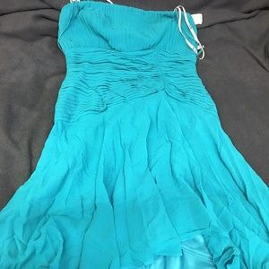 TADASHI Teal Silk Ruffled Pleated Long Dress
